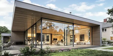 Maison moderne avec une extension sur toit plat existant, offrant de grandes baies vitrées donnant sur un jardin verdoyant.