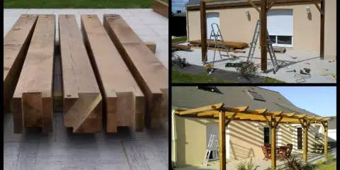 Les poutres de bois sont prêtes à construire une pergola. Les étapes de construction sont visibles, de la pose des poteaux à la structure finie.
