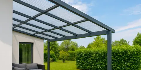 Pergola en polycarbonate moderne, offrant un espace extérieur agréable. Avis positifs sur sa durabilité et son esthétique.