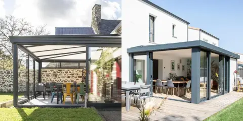 Deux styles de véranda : une avec mur en pierre et mobilier coloré, l'autre moderne avec terrasse en bois et salle à manger. Une veranda loi carrez pour chaque projet.
