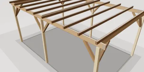 Structure d'une pergola bois fait maison, en cours de construction, avec poteaux et poutres apparents.