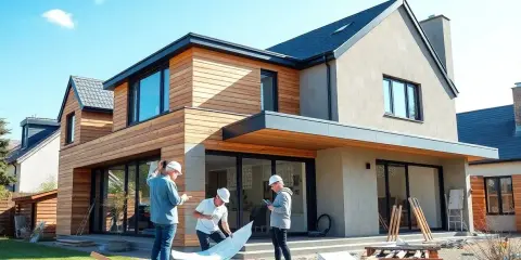 Trois hommes discutent des plans d'une extension de maison de 20m2 devant une maison moderne en bois et pierre.