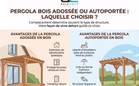 Illustration comparant les avantages d'une pergola bois adossée à une maison et d'une pergola bois autoportée dans le jardin.