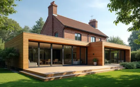 Un agrandissement de chalet bois moderne avec de grandes baies vitrées et une terrasse en bois, contrastant avec la brique ancienne de la maison.