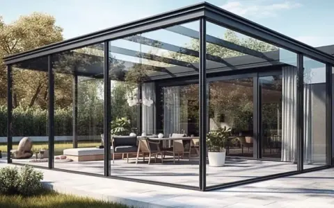 Une véranda moderne avec un toit plat en bac acier, offrant une vue panoramique sur un jardin luxuriant et un espace repas élégant.