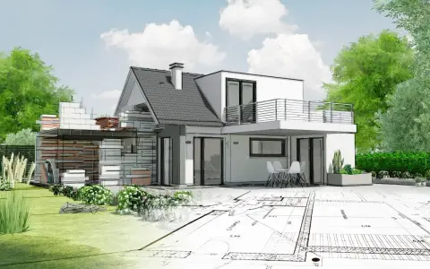 Vue d'une maison en cours d'agrandissement, mêlant esquisse et rendu 3D. Le projet d'extension maison ancienne prend forme sur des plans architecturaux.