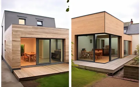 Extension maison rapide avec bardage bois et grandes baies vitrées. Une terrasse en bois prolonge l'espace de vie vers le jardin.