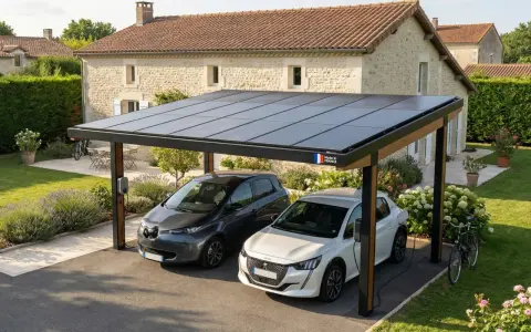 Carport sans emprise au sol avec panneaux solaires, abritant deux voitures électriques en charge dans un jardin fleuri.
