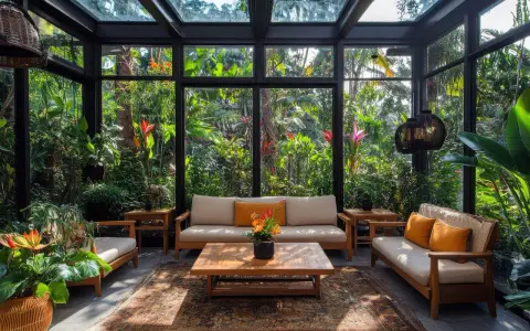Un salon confortable dans un jardin d'hiver ancien, entouré d'une végétation luxuriante et de fleurs tropicales.