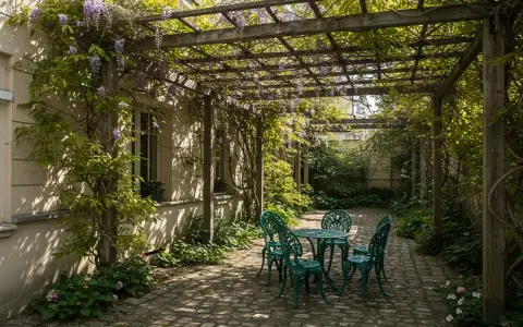 Un charmant modèle de pergola pour terrasse, envahi par la glycine, abrite une table et quatre chaises en fer forgé.