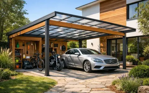 Carport moderne avec toit vitré, abritant une voiture argentée, une moto et un vélo.