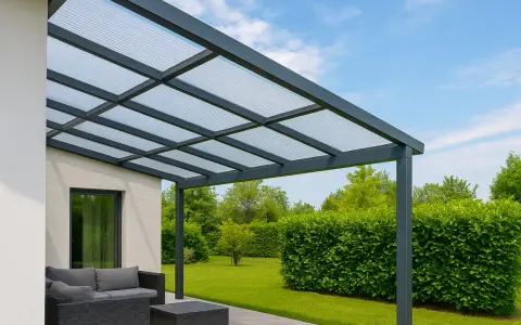 Pergola en polycarbonate moderne, offrant un espace extérieur agréable. Avis positifs sur sa durabilité et son esthétique.