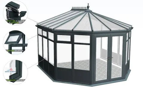 Une élégante verrière victorienne aux lignes classiques, dotée d'une structure en aluminium et PVC, parfaite pour agrandir votre espace de vie.