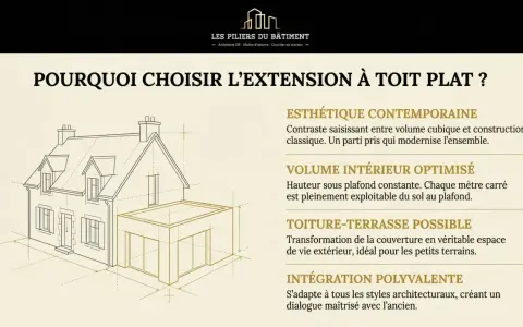 Schéma d'une maison avec une extension vitrée toit plat moderne. L'image met en avant les avantages d'une extension à toit plat.