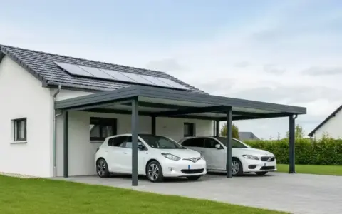 Carport moderne avec deux voitures blanches, panneaux solaires sur le toit. Respect de la réglementation et de la limite de propriété.