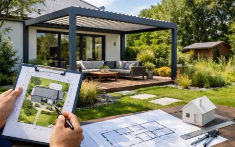 Planification d'une pergola et d'une terrasse. La jurisprudence sur l'emprise au sol est étudiée sur un plan.