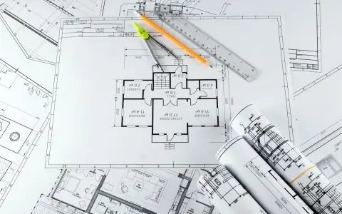 Plans d'architecte, compas, crayon et règle pour savoir comment faire une extension de maison pas chère.