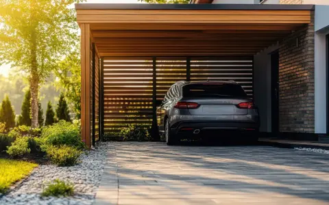 Voiture grise garée sous un carport moderne. Pensez à comment déclarer un carport aux impôts pour optimiser votre situation.