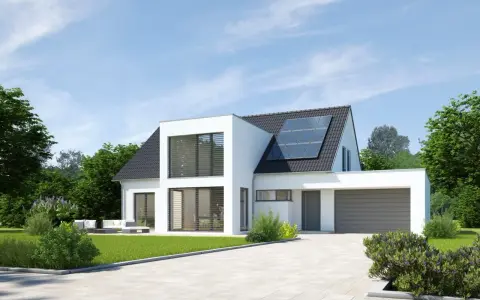 Maison moderne avec extension cube, panneaux solaires sur le toit, garage et jardin verdoyant.