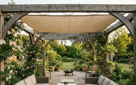 Pente pergola en bois avec roses grimpantes et glycines, offrant un coin salon extérieur paisible.