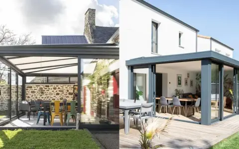 Deux styles de véranda : une avec mur en pierre et mobilier coloré, l'autre moderne avec terrasse en bois et salle à manger. Une veranda loi carrez pour chaque projet.