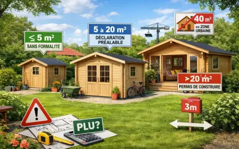 Des abris de jardin en bois de différentes tailles, avec des panneaux indiquant les règles d'urbanisme. Un grand abri nécessite un permis de construire.