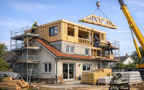 Construction d'une extension maison étage avec une grue qui installe une charpente en bois. Des ouvriers travaillent sur des échafaudages.
