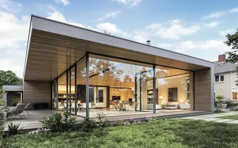 Une extension maison contemporaine avec de grandes baies vitrées, une terrasse en bois et un jardin verdoyant. L'intérieur lumineux révèle un salon et une cuisine modernes.