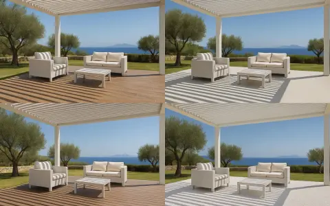 Quatre vues d'une pergola blanche avec salon extérieur, offrant une vue sur la mer. Idéal pour fermer une pergola et profiter de l'extérieur.