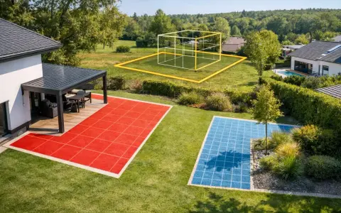 Une pergola sans emprise au sol, avec des zones colorées sur la pelouse, suggère un espace extérieur moderne et personnalisable.