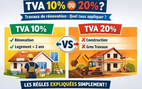 Illustration comparant la TVA 10% pour rénovation (peintre devant une maison) et la TVA 20% pour construction (pelleteuse sur un chantier).