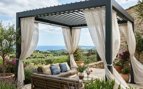 Pergola bioclimatique avec salon extérieur, vue mer. Idéal pour choisir votre espace de détente.