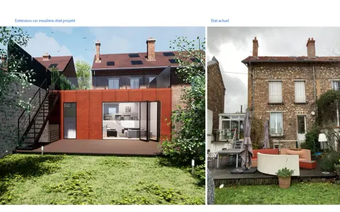 Comparaison avant/après d'une extension maison meulière. Le projet propose une façade moderne en brique rouge et de grandes baies vitrées.