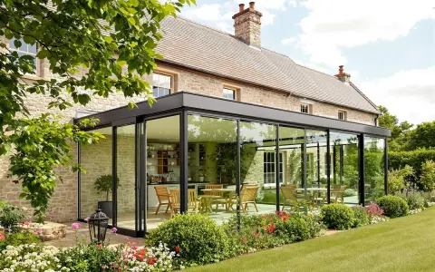 Une élégante veranda en verre s'adosse à une maison en pierre, offrant une vue sur une cuisine et une salle à manger. Le jardin fleuri entoure cette extension moderne.