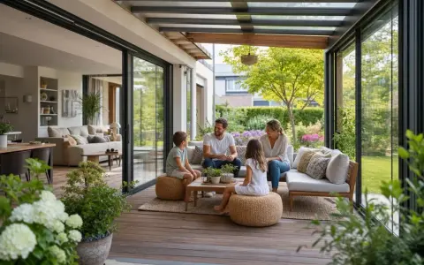 Famille détendue sur une veranda moderne. Une extension qui pourrait influencer la taxe foncière, mais qui offre un espace de vie agréable.