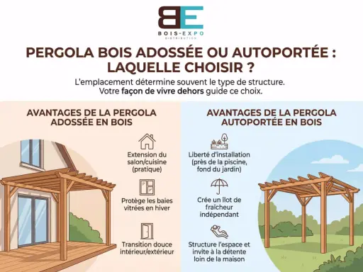 Illustration comparant les avantages d'une pergola bois adossée à une maison et d'une pergola bois autoportée dans le jardin.