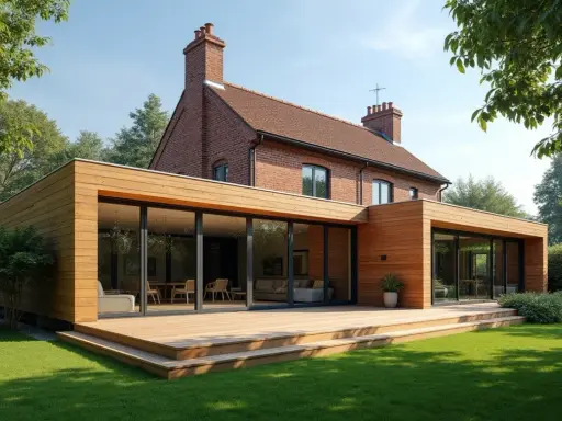 Un agrandissement de chalet bois moderne avec de grandes baies vitrées et une terrasse en bois, contrastant avec la brique ancienne de la maison.