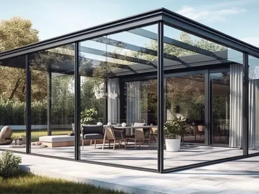 Une véranda moderne avec un toit plat en bac acier, offrant une vue panoramique sur un jardin luxuriant et un espace repas élégant.