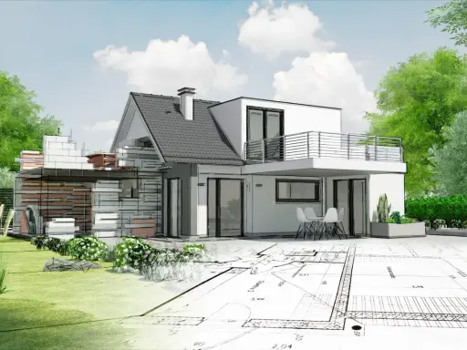 Vue d'une maison en cours d'agrandissement, mêlant esquisse et rendu 3D. Le projet d'extension maison ancienne prend forme sur des plans architecturaux.