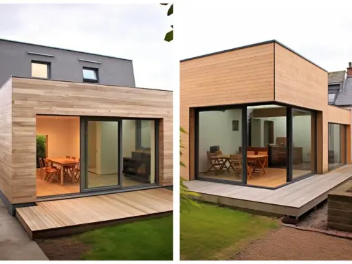 Extension maison rapide avec bardage bois et grandes baies vitrées. Une terrasse en bois prolonge l'espace de vie vers le jardin.