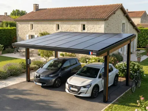 Carport sans emprise au sol avec panneaux solaires, abritant deux voitures électriques en charge dans un jardin fleuri.