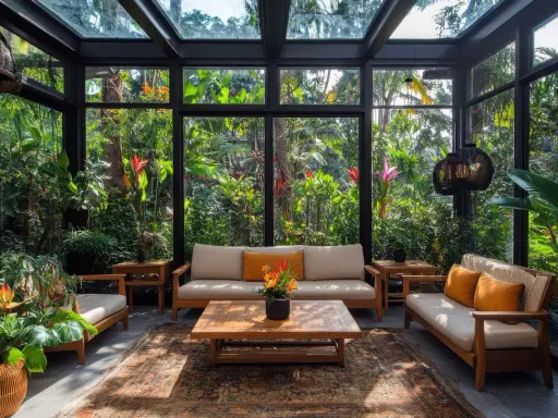 Un salon confortable dans un jardin d'hiver ancien, entouré d'une végétation luxuriante et de fleurs tropicales.