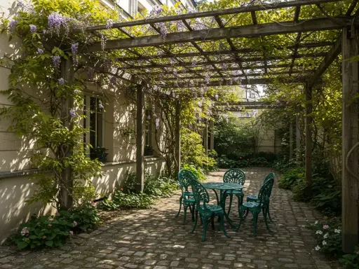 Un charmant modèle de pergola pour terrasse, envahi par la glycine, abrite une table et quatre chaises en fer forgé.