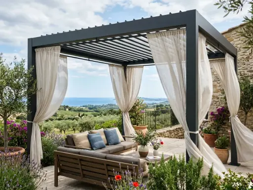 Un salon extérieur confortable sous une pergola moderne, offrant une vue imprenable sur la mer. Ces vérandas bioclimatiques invitent à la détente.