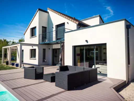 Une maison moderne avec une extension spacieuse, une terrasse en bois et une piscine. L'ensemble évoque une transformation réussie : extension maison avant après.