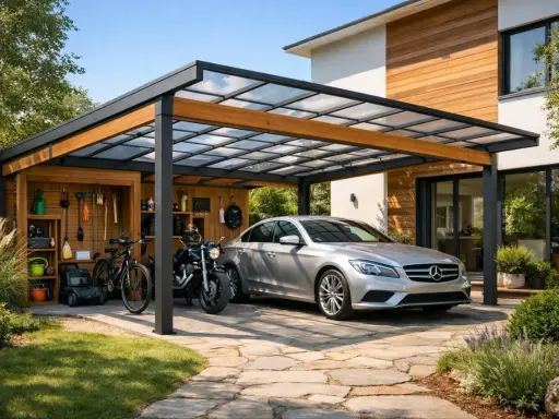 Carport moderne avec toit vitré, abritant une voiture argentée, une moto et un vélo.