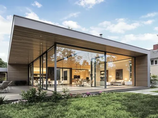 Maison moderne avec une extension sur toit plat existant, offrant de grandes baies vitrées donnant sur un jardin verdoyant.