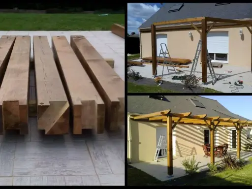 Les poutres de bois sont prêtes à construire une pergola. Les étapes de construction sont visibles, de la pose des poteaux à la structure finie.