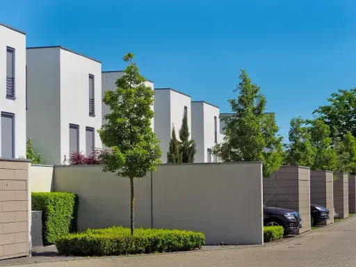 Lignes architecturales modernes, une extension accolée sur mur non mitoyen, des arbres et des voitures garées dans des box.