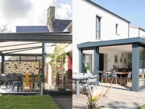 Deux styles de vérandas modernes, idéales pour construire une véranda soi même. L'une avec mur en pierre, l'autre sur terrasse en bois.